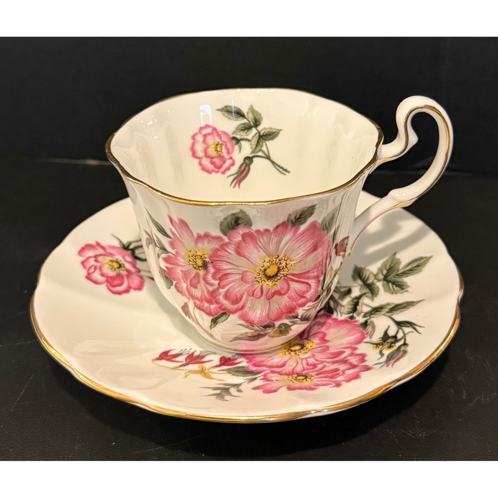 Adderley Teacup Saucer Pink Floral Flowers Gold Trim Fine Bone China England